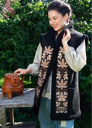 Женский кожух этно из экодубляжа с вышивкой seam mksmv141-925