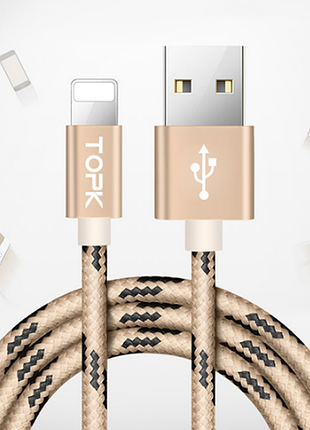 Кабель topk nylon usb lightning 3m - gold 2