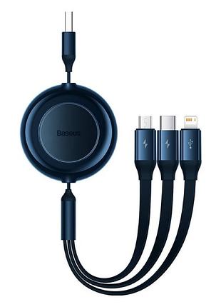 Кабель baseus bright mirror 2 series retractable 3-in-1 fast charging data cable usb to m+l+c 3.5a 1.1m - blue