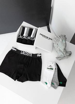 Комплект чоловічої білизни 4 штуки + 8 пар шкарпеток lacoste якісні чоловічі труси боксери та чоловічі шкарпетки