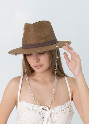 Шляпа федора с серебристой цепью с жемчужинами d.hats коричневая
