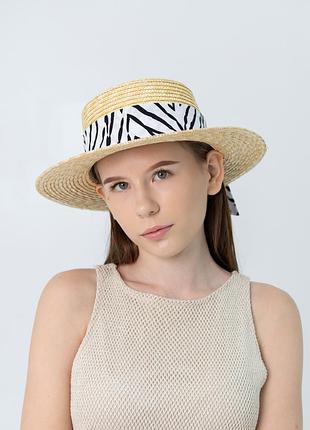 Соломенная шляпа канотье с широкой лентой принт зебра d.hats