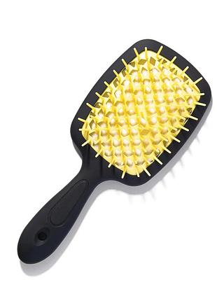 Щетка для волос hollow comb superbrush plus black-yellow с покрытием soft touch