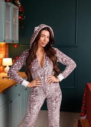 Жіноча піжама попожама sweetjama frozy з карманом на попі та капюшоном м коричневі серця