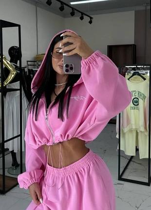Женский костюм oversize s-l широкие штан на затяжках и кофта короткая с капюшоном свободный двойка двухнитка женские модные костюм 42/44, розовый