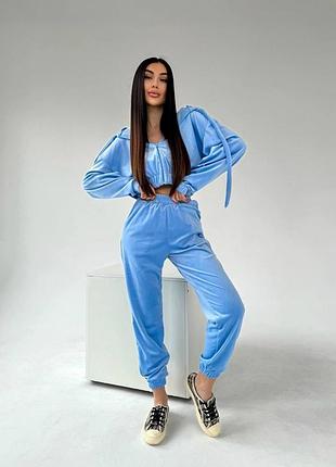 Женский велюровый костюм тройка брюки/штаны на резинке и кофта/худи с капюшоном и топ из велюра 42-44 44-46