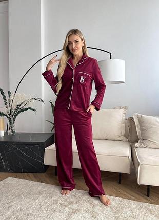 Женская пижама victoria secret 42-48 из велюра свободная рубашка и брюки штаны прямые велюровая пижама женская s m l 44/46, бордовый