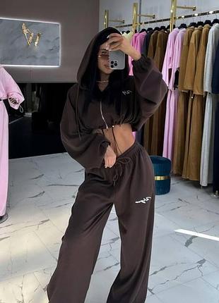 Женский костюм oversize s-l широкие штан на затяжках и кофта короткая с капюшоном свободный двойка двухнитка женские модные костюм 42/44, шоколад