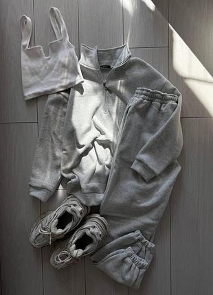 Жіночий зимовий костюм на флісі 42-46 48-50 s m l xl подвійний кофта + штани оверсайз світло-сірий і шоколад теплий осінь/зима сві