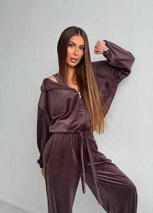 Женский велюровый костюм тройка s m l с топом широкие брюки и кофта с капюшоном оверсайз 42-44 44-46 велюр плюш шоколад, 42/44