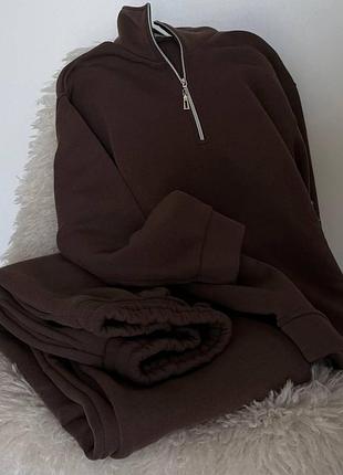 Жіночий зимовий костюм на флісі 42-46 48-50 s m l xl подвійний кофта + штани оверсайз світло-сірий і шоколад теплий осінь/зима кор