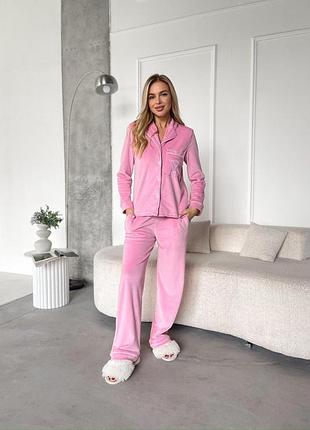 Женская пижама victoria secret 42-48 из велюра свободная рубашка и брюки штаны прямые велюровая пижама женская s m l 44/46, розовый