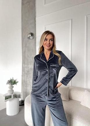 Женская пижама victoria secret 42-48 из велюра свободная рубашка и брюки штаны прямые велюровая пижама женская s m l 44/46, графит