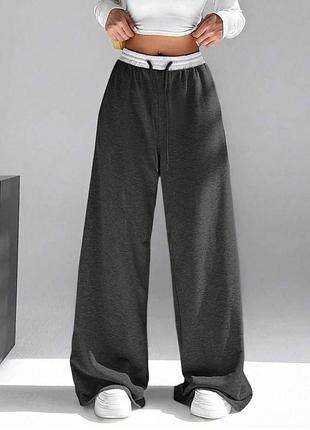 Женские спортивные штаны палаццо s-xl с белым поясом с высокой посадкой брюки прямые широкие двухнить женские 42-46 48-50 графит