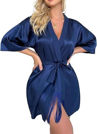 Жіночий халат міні на запах із поясом синій s/m/l