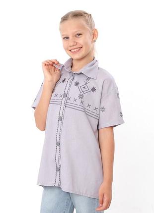 Рубашка вышиванка для девочки, с коротким рукавом, серая лен-вискоза, 140, 146, 152, 158, 164, 170см 164