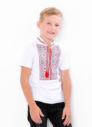 Вишиванка для хлопчика дитяча, біла з коротким рукавом, тканина інтерлок, бавовна, від 98см до 170см