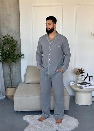 Пижама мужская cosy urban из фланели штаны+рубашка серая с белым кантом