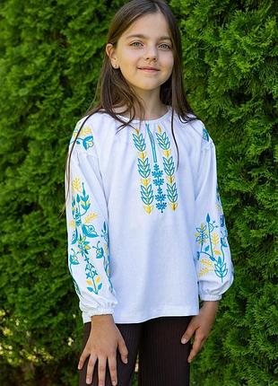 Вишиванка для дівчинки біла, дитяча та підліткова, з довгим рукавом, льон - поліестер, від 110см до 164см 158
