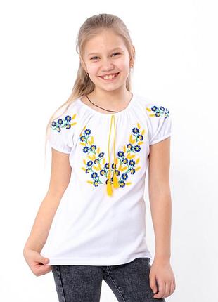 Вышиванка для девочки, детская и подростковая, белая с коротким рукавом, ткань интерлок, от 110см до 164см 134