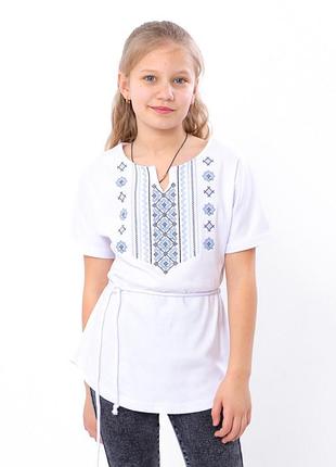 Вишиванка для дівчинки, дитяча та підліткова, біла з коротким рукавом, тканина інтерлок, від 110см до 170см 164