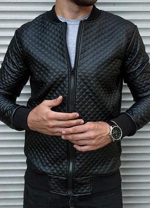 Чоловічий чорний бомбер на блискавці стьобаний у ромб m, весна/осінь, casual