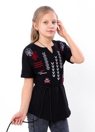 Вишиванка для дівчинки, дитяча та підліткова, чорна з коротким рукавом, інтерлок, від 110см до 170см 134