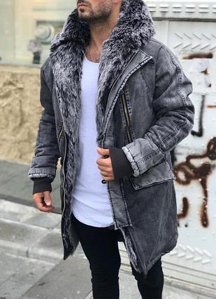 Парка зимняя джинсовая мужская "open" с пышной меховой отделкой сервя l