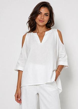 Жіноча лляна блуза вільного крою з відкритими плечима modna kazka mknk3051