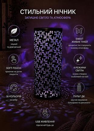 Настільна led-лампа-проектор геометрична астра з ефектом живих тіней, 16 кольорів, пульт та usb кабель, декоративний нічник