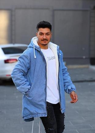 Куртка чоловіча зимова джинсова з капюшоном утеплена хутром "denim" блакитна