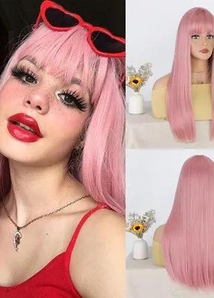 Красивый парик c чёлкой длинные прямые волосы розовый nyl2626-pink