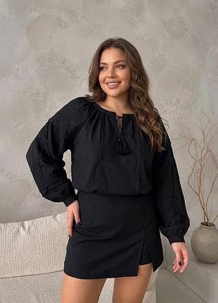 Женская полномерная хлопковая вышиванка черного цвета в стиле бохо (xl, 2xl, 3xl)