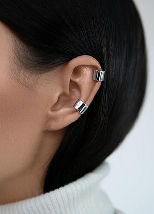 Каффа серебряная широкая минимал 1 шт, стильная серьга-кафа без прокола, серебро 925 пробы
