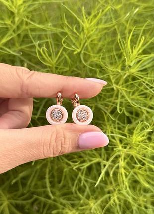 Серьги керамические 585 проба с камушками белые