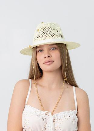 Шляпа летняя ажурная федора с золотистой цепью d.hats молочного цвета
