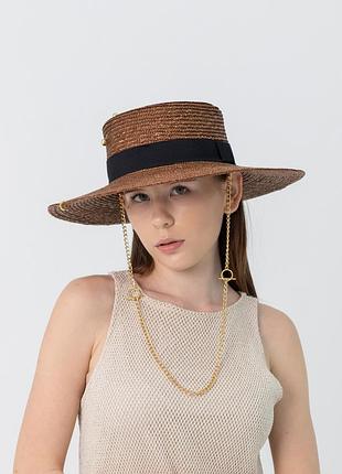 Солом'яний капелюх канотьє з полями 10 см з ланцюгом d.hats коричневого кольору