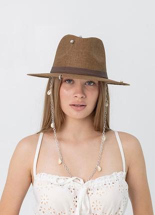 Шляпа федора с серебристой цепью с ракушками d.hats коричневая