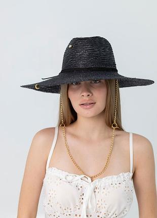 Шляпа соломенная федора с полями 11 см d.hats черная с цепью