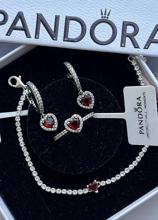 Набір прикрас пандора червоне серце кільце, браслет і сережки pandora 15
