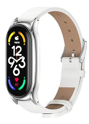 Кожаный ремешок primo mijobs для фитнес-браслета xiaomi mi smart band 7 - white&silver