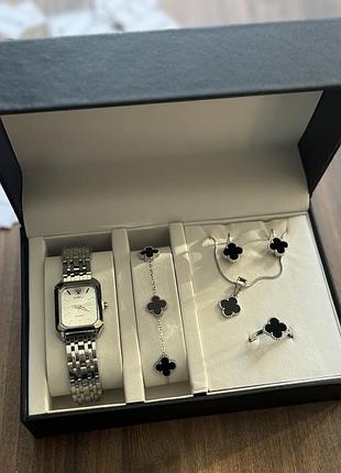 Подарочный набор украшений в кробке gonchar&co. silver v "клевер-ванклиф" серьги, подвеска, браслет, часы, медсплав 77-734