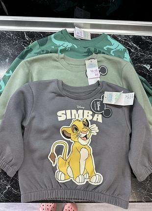 Нові теплі світшоти primark disney (simba), набір 3 шт. р. 86-92