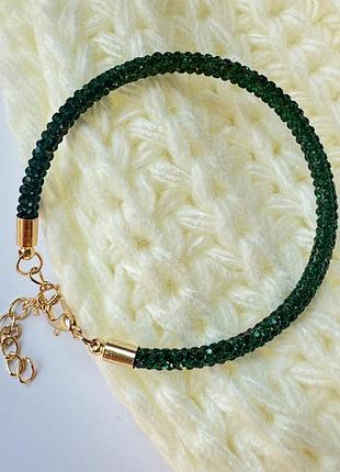 Стразовий браслет з подовжувачем з медзолота (колір 585п) gonchar & co. “emerald crystal” зелена нитка 4 мм регульований 15–22 см