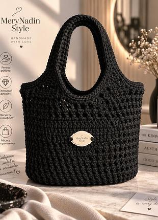 Женская вязаная сумка-шоппер merynadinstyle ручной работы черная 38×28×10 см