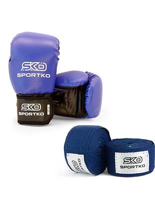 Боксерський набір sportko рукавички 10-12 унц, бинти 300 см синій