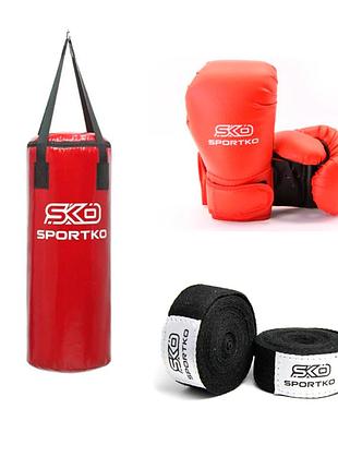 Боксерский набор (детский 5-7 лет) sportko мешок мп-6 75*29 15 кг, перчатки 6 унц пд2-6-oz, бинты 200 см в00 красный/черный