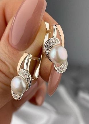 Серебряные серьги с жемчугом и золотыми напайками 0347