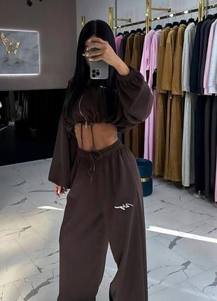 Женский костюм oversize s-l широкие штан на затяжках и кофта короткая с капюшоном свободный двойка двухнитка женские модные костюм 44/46, шоколад