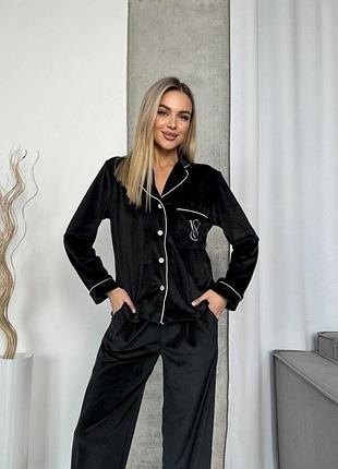 Женская пижама victoria secret 42-48 из велюра свободная рубашка и брюки штаны прямые велюровая пижама женская s m l 42/44, черный